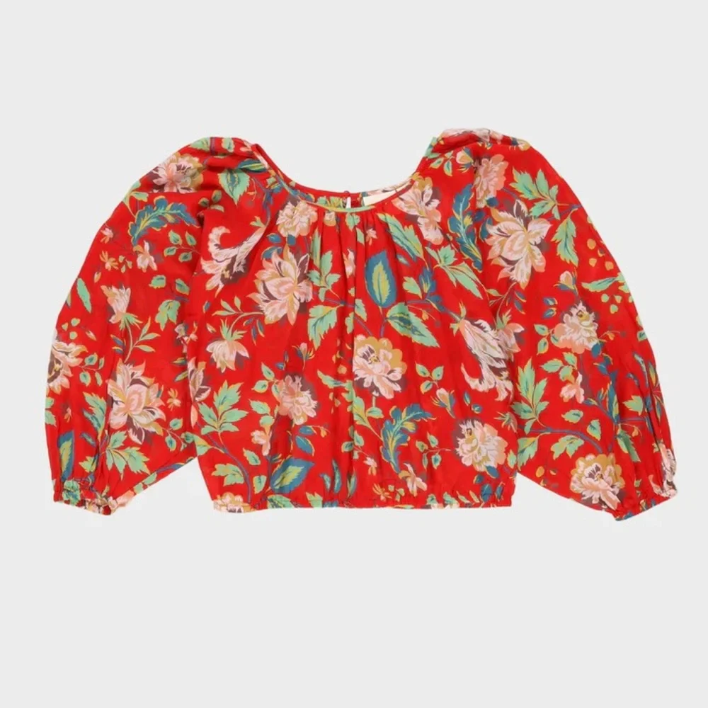 Anthropologie Red Crop Blouse with Relaxed Pleated Style